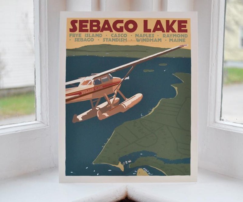 Sebago Lake Seaplane Art Print 8" x 10" Travel Poster - Maine