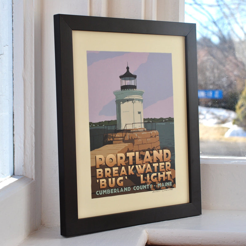 Portland Breakwater Bug Light Art Print 8" x 10" Framed Travel Poster - Maine