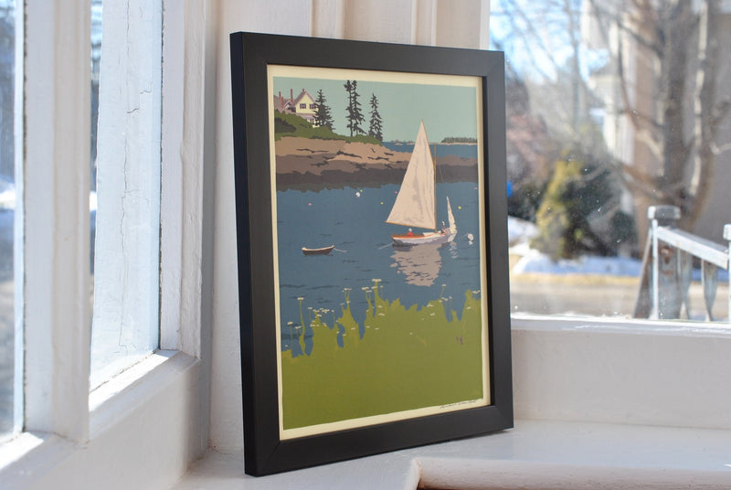 Sailing Long Cove Art Print 8" x 10" Framed Wall Poster - Maine
