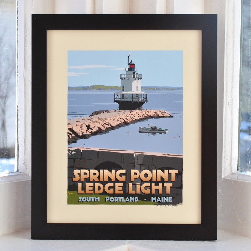 Spring Point Ledge Light Art Print 8" x 10" Framed Travel Poster - Maine