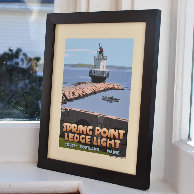 Spring Point Ledge Light Art Print 8" x 10" Framed Travel Poster - Maine