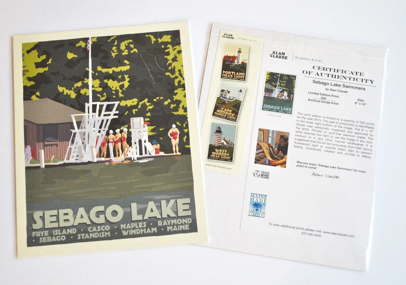 Sebago Lake Swimmers Art Print 8" x 10" Travel Poster - Maine