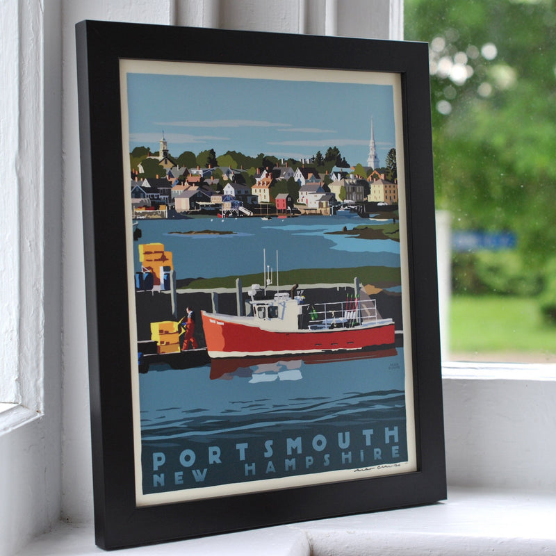 Portsmouth Lobster Boat Art Print 8" x 10" Framed Travel Poster - New Hampshire