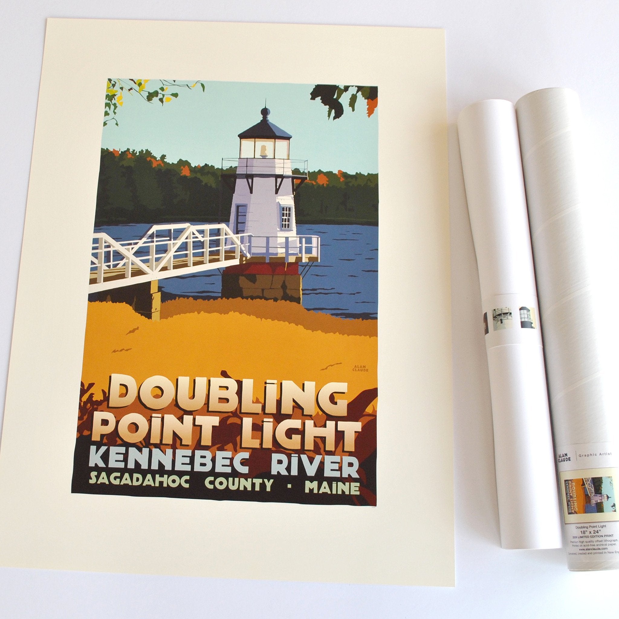 Doubling Point Light Art Print 18" x 24" Travel Poster - Maine