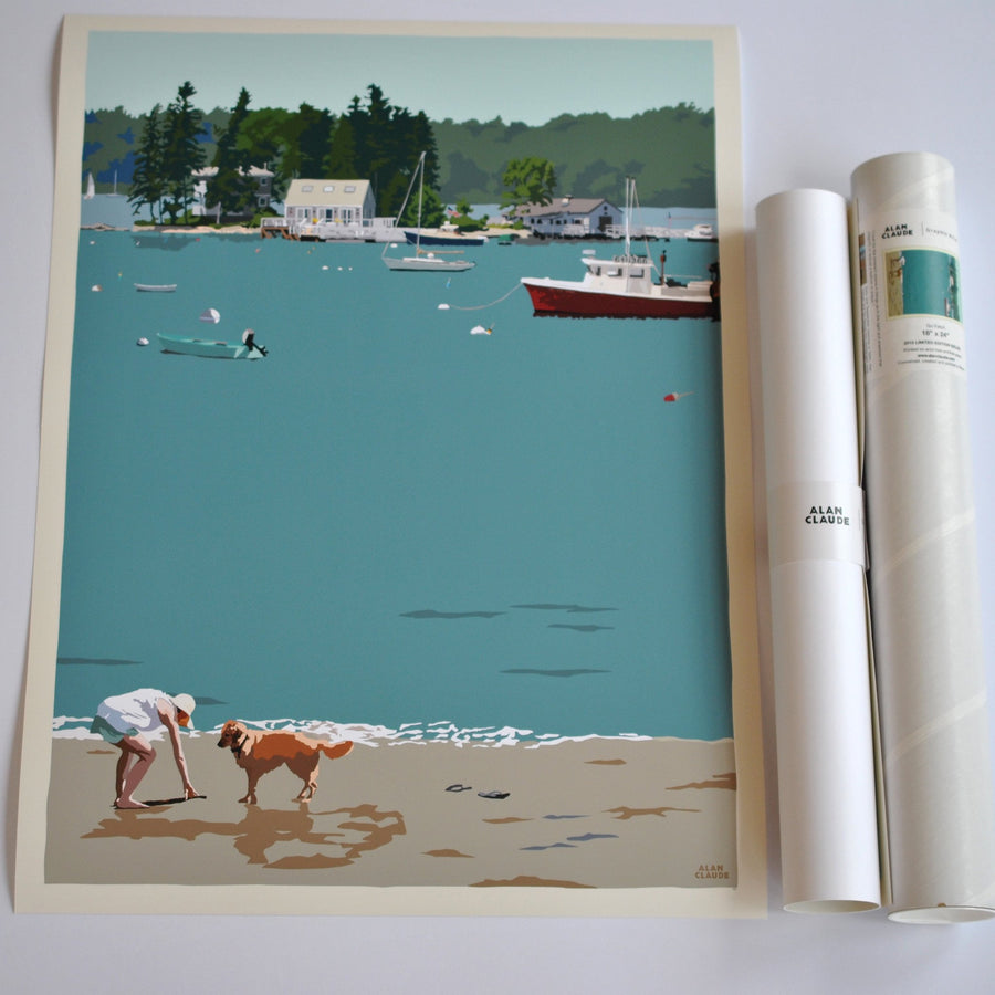 Golden Retriever at Beach "Go Fetch" Art Print 18" x 24" Wall Poster - Maine