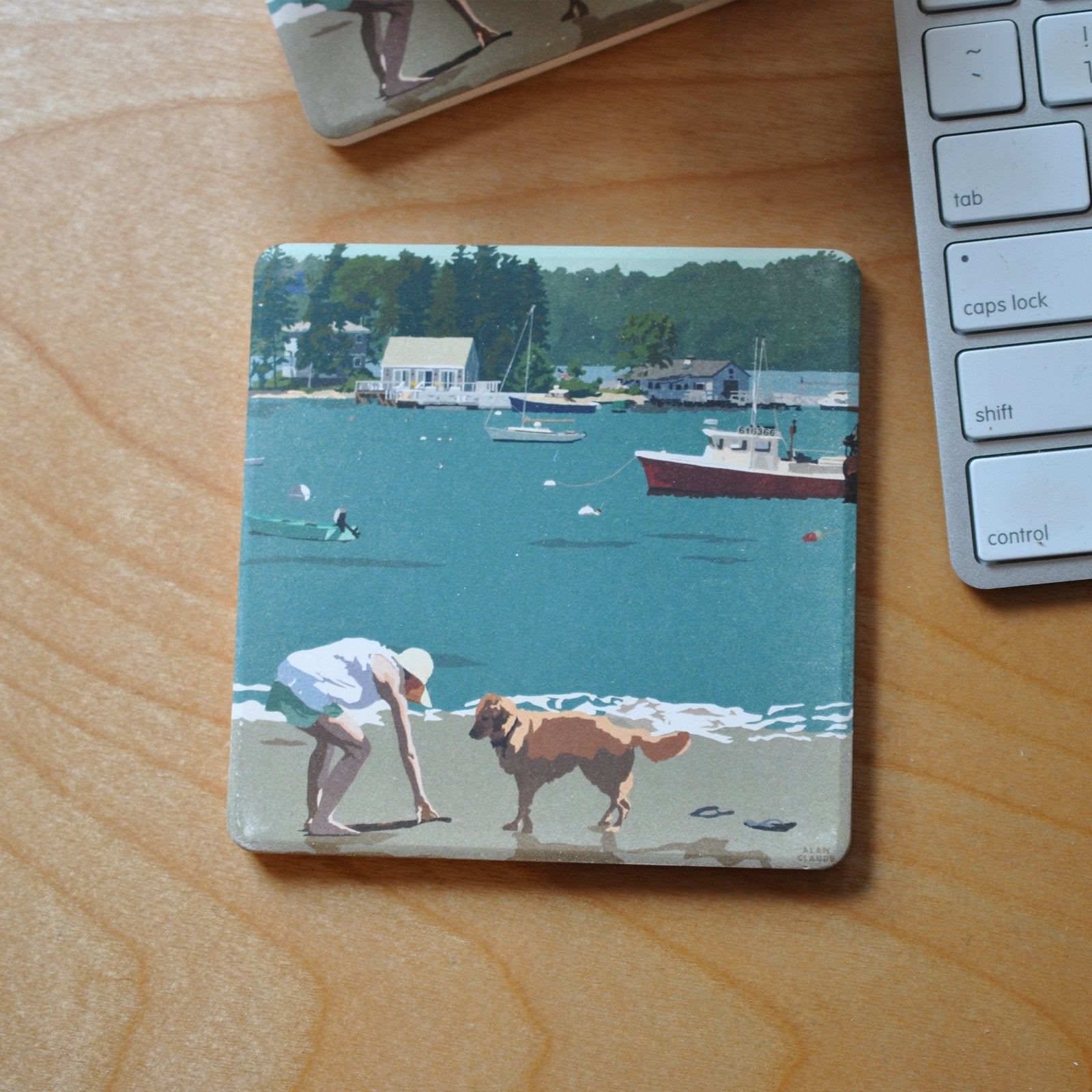 Golden Retriever At Beach "Go Fetch" Art Drink Coaster - Maine