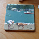 Golden Retriever At Beach "Go Fetch" Art Drink Coaster - Maine