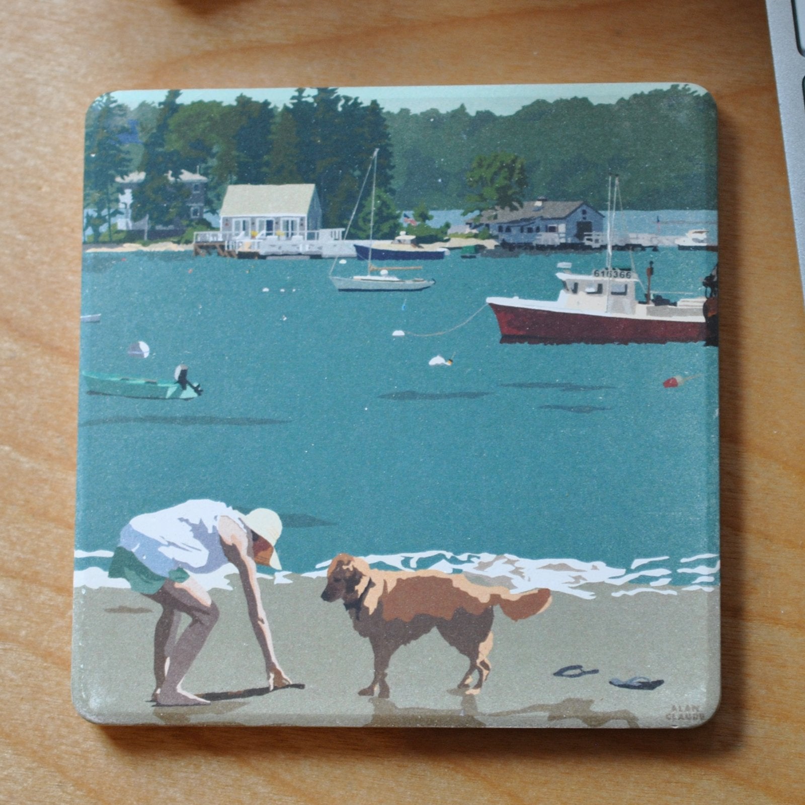 Golden Retriever At Beach "Go Fetch" Art Drink Coaster - Maine