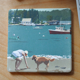 Golden Retriever At Beach "Go Fetch" Art Drink Coaster - Maine
