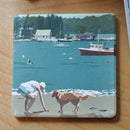 Golden Retriever At Beach "Go Fetch" Art Drink Coaster - Maine