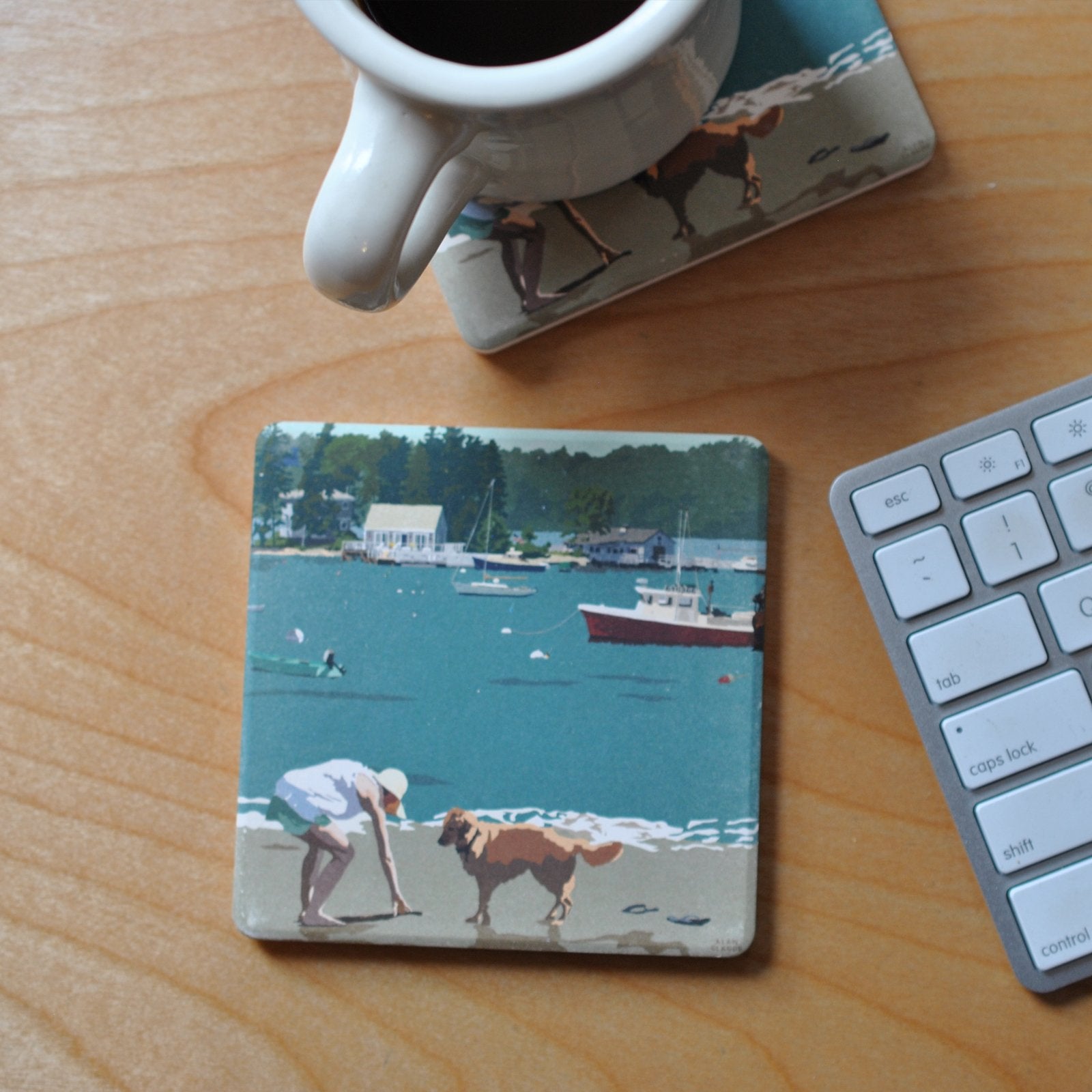 Golden Retriever At Beach "Go Fetch" Art Drink Coaster - Maine