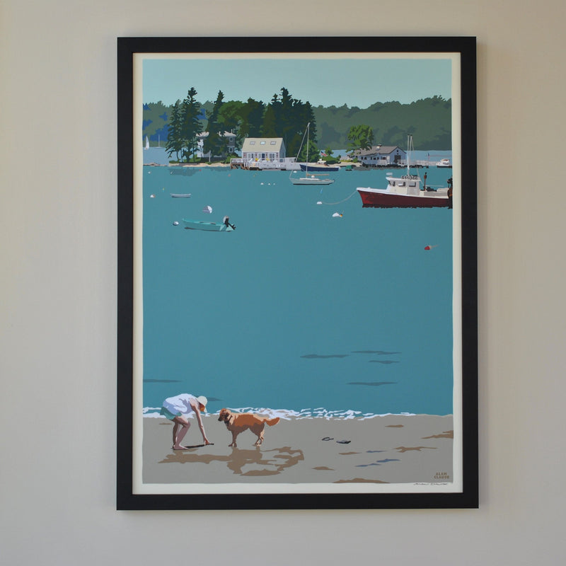Golden Retriever at Beach "Go Fetch" Art Print 18" x 24" Framed Wall Poster - Maine