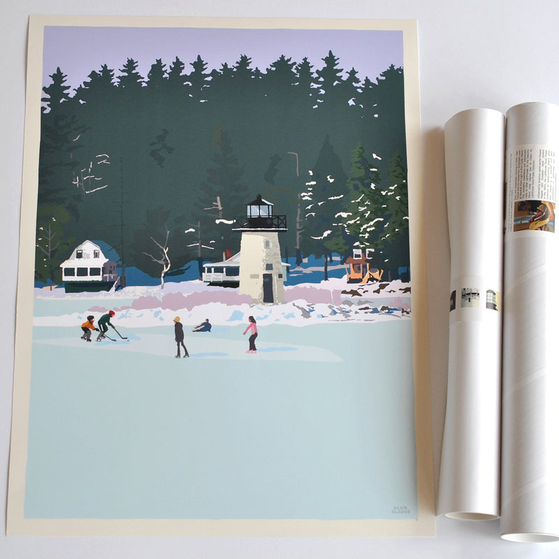 Ice Skating At Ladies Delight Lighthouse Art Print 18" x 24" Wall Poster - Maine