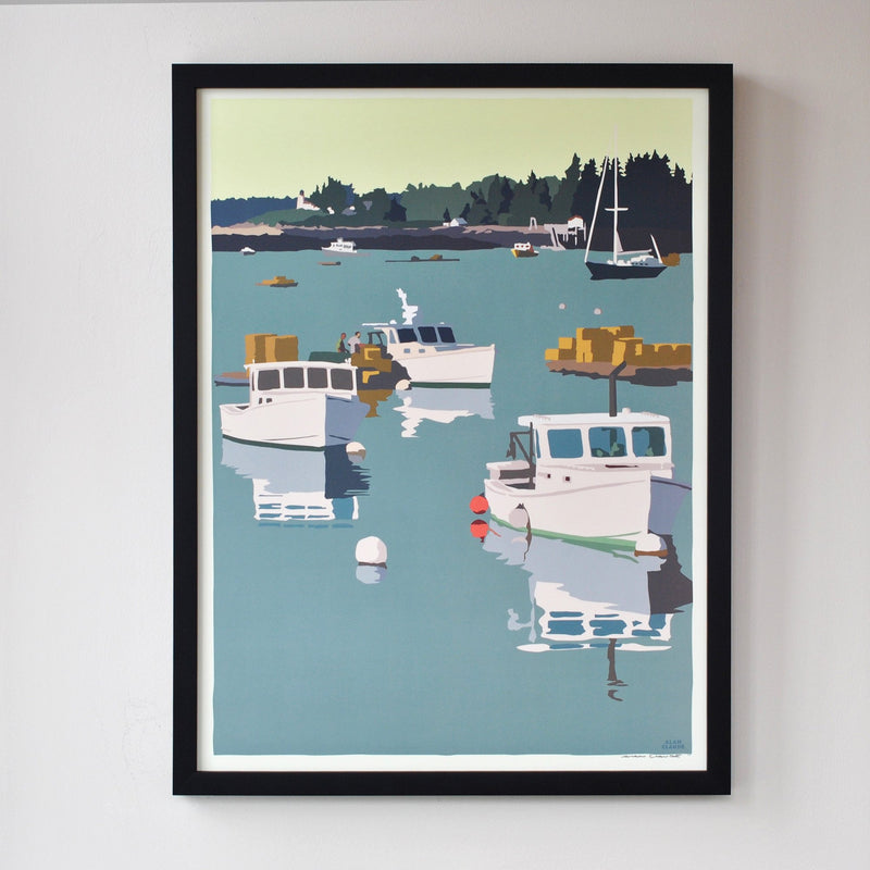 Lobster Boats on a Sunday Morning Art Print 18" x 24" Framed Wall Poster - Maine