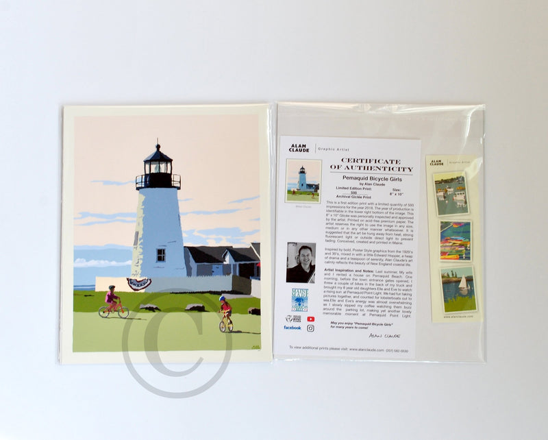 Pemaquid Bicycle Girls Art Print 8" x 10" Wall Poster - Maine by Alan Claude