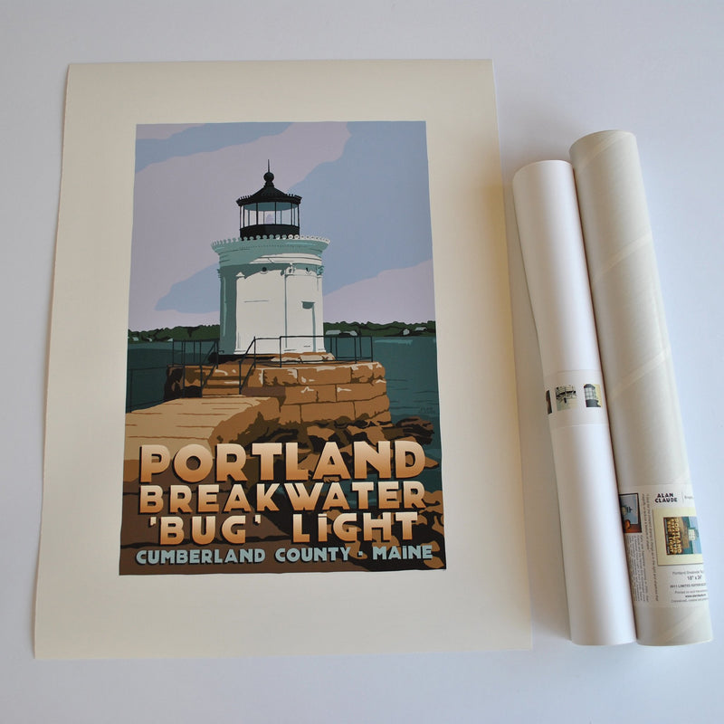 Portland Breakwater Bug Light Art Print 18" x 24" Travel Poster - Maine