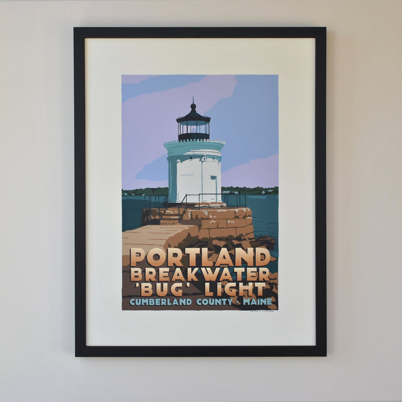 Portland Breakwater Bug Light Art Print 18" x 24" Framed Travel Poster - Maine