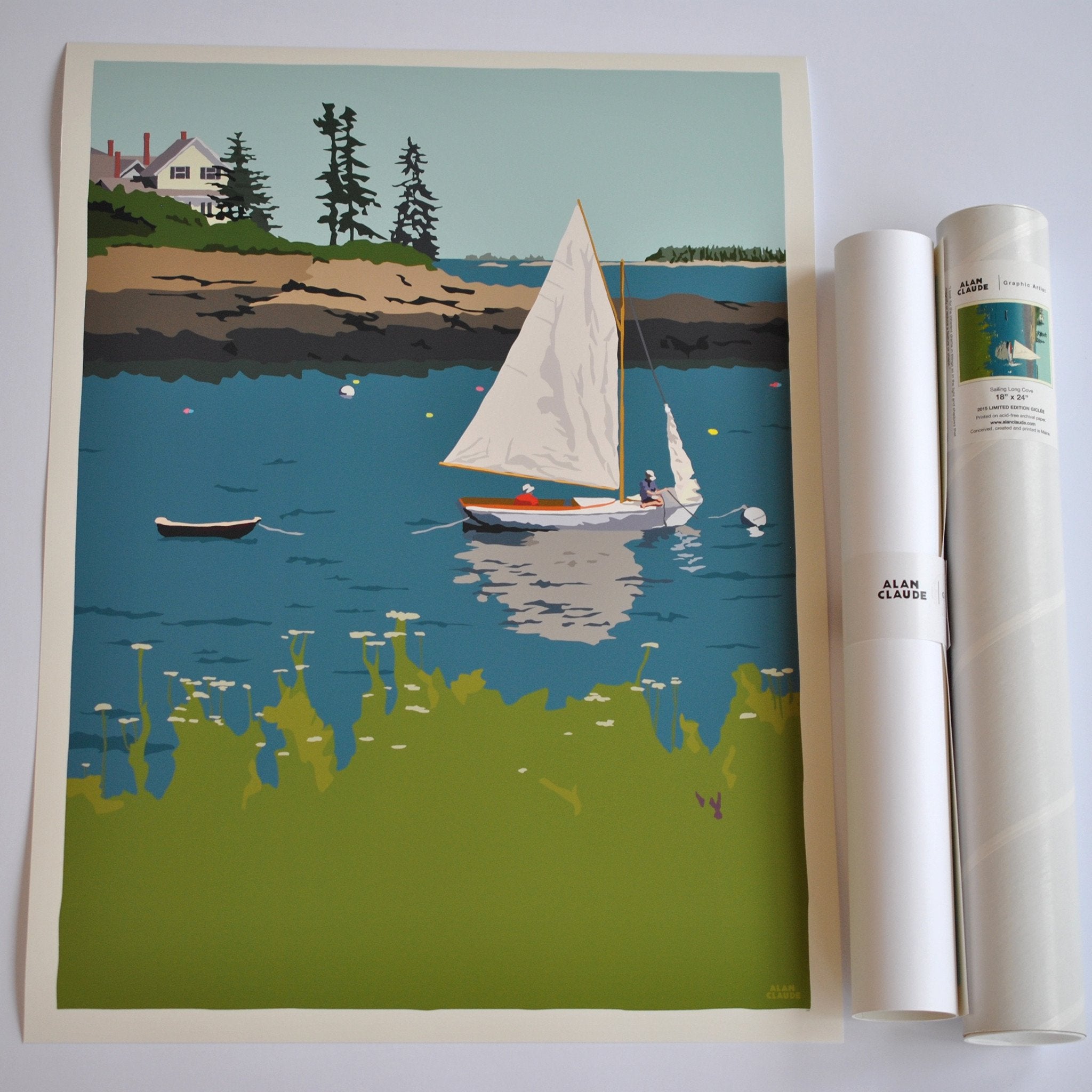 Sailing Long Cove Art Print 18" x 24" Wall Poster - Maine