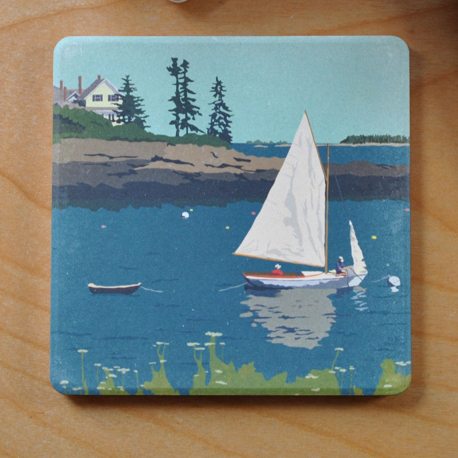 Sailing Long Cove Art Drink Coaster - Maine