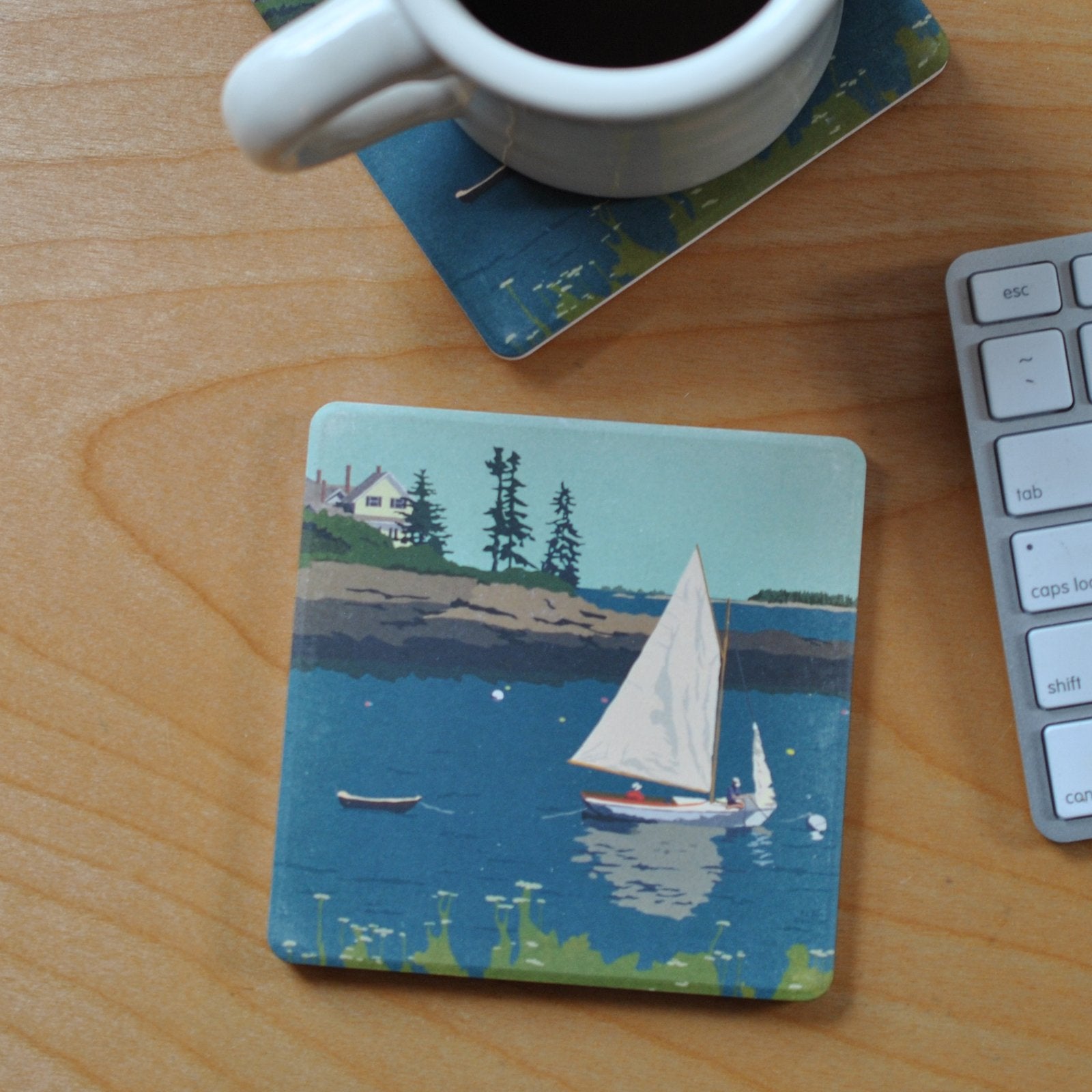 Sailing Long Cove Art Drink Coaster - Maine