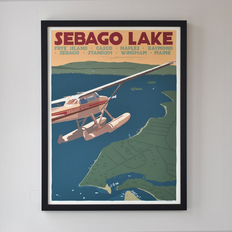 Sebago Lake Seaplane Art Print 18" x 24" Framed Travel Poster - Maine