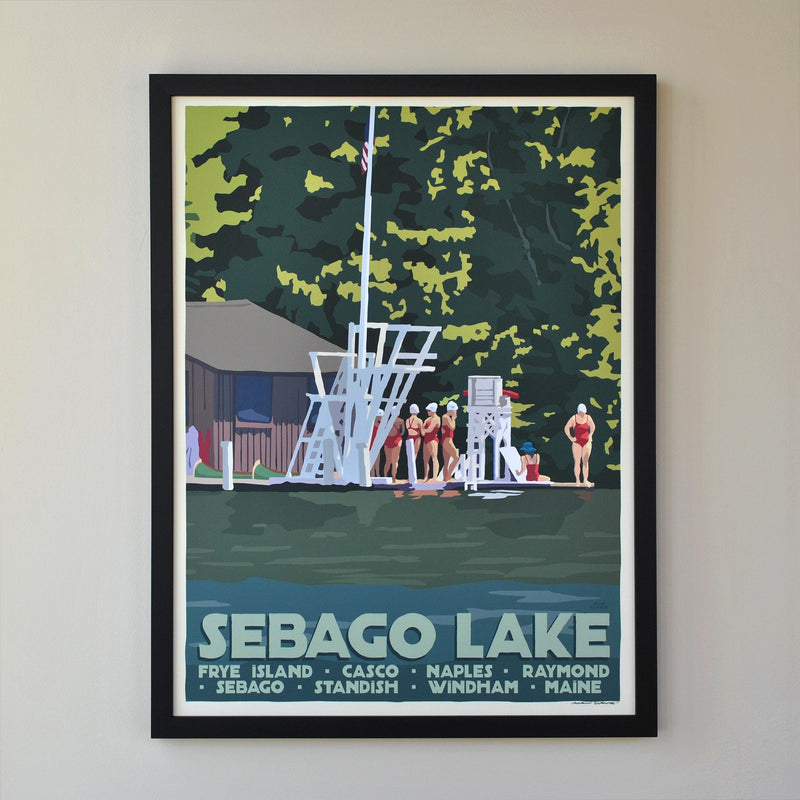 Sebago Lake Swimmers Art Print 18" x 24" Framed Travel Poster - Maine