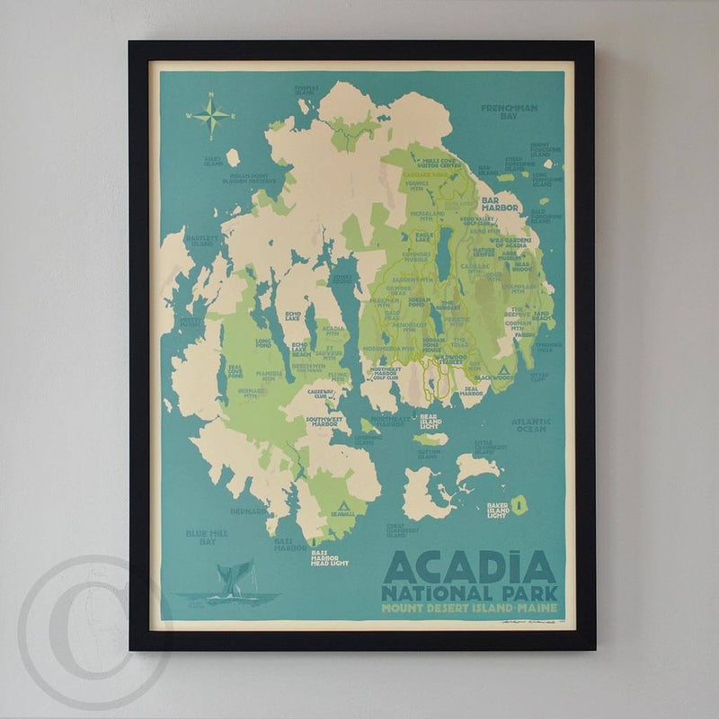Acadia National Park Map Art Print 18" x 24" Framed Travel Poster - Maine