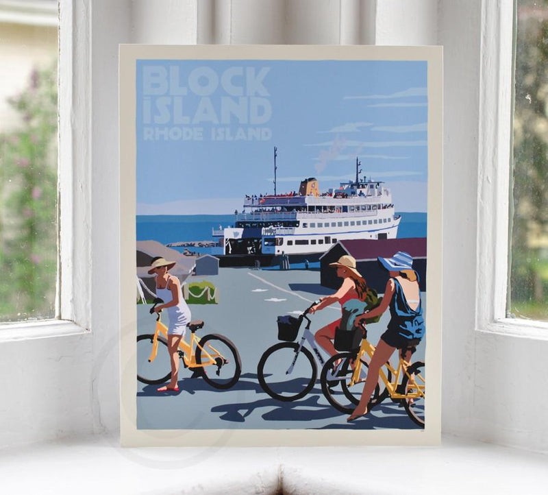 Block Island Bicycle Girls Art Print 8" x 10" Travel Poster - Rhode Island
