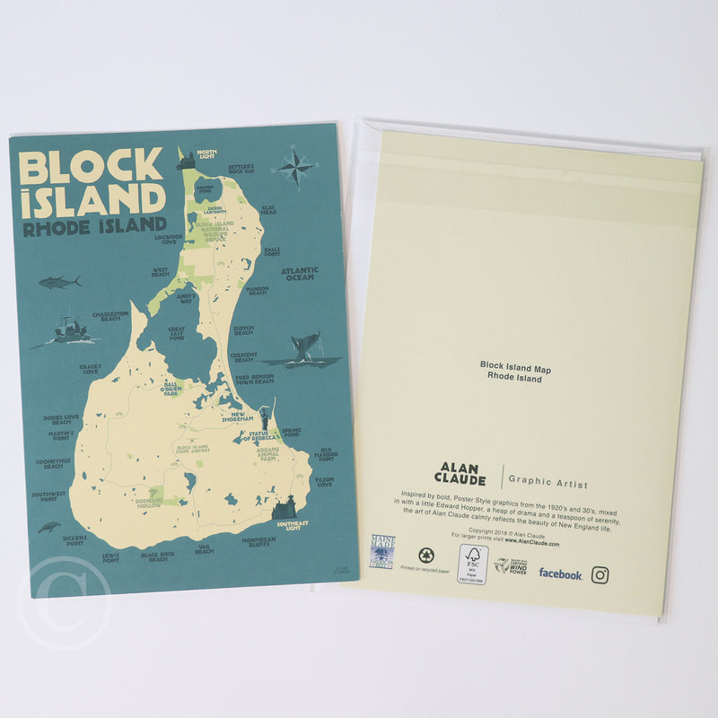 Block Island Map  Notecard 5" x 7"  - Rhode Island