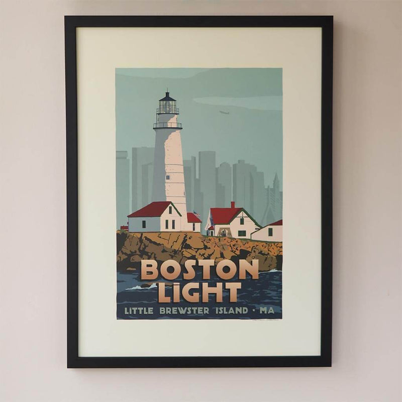 Boston Light Art Print 18" x 24" Framed Travel Poster - Massachusetts