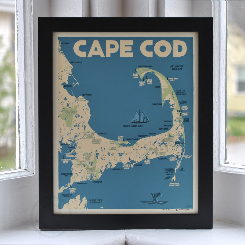 Cape Cod Map Art Print 8" x 10" Framed Travel Poster - Massachusetts