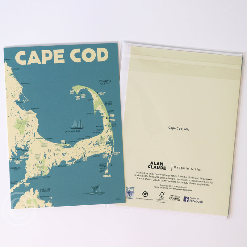 Cape Cod, Massachusetts Map Notecard 5" x 7"  - Massachusetts