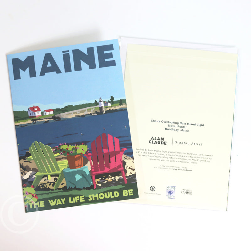 Chairs Overlooking Ram Island Light Notecard 5" x 7"  - Maine