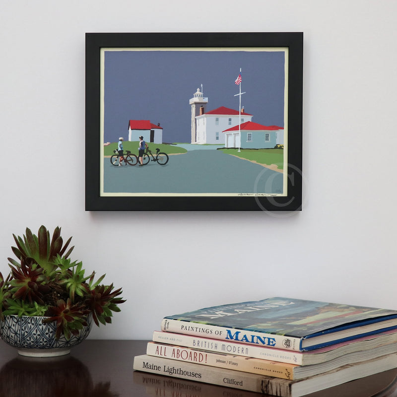 Cyclists at Watch Hill Lighthouse Art Print 8" x 10" Horizontal Framed Wall Poster By Alan Claude - Rhode Island