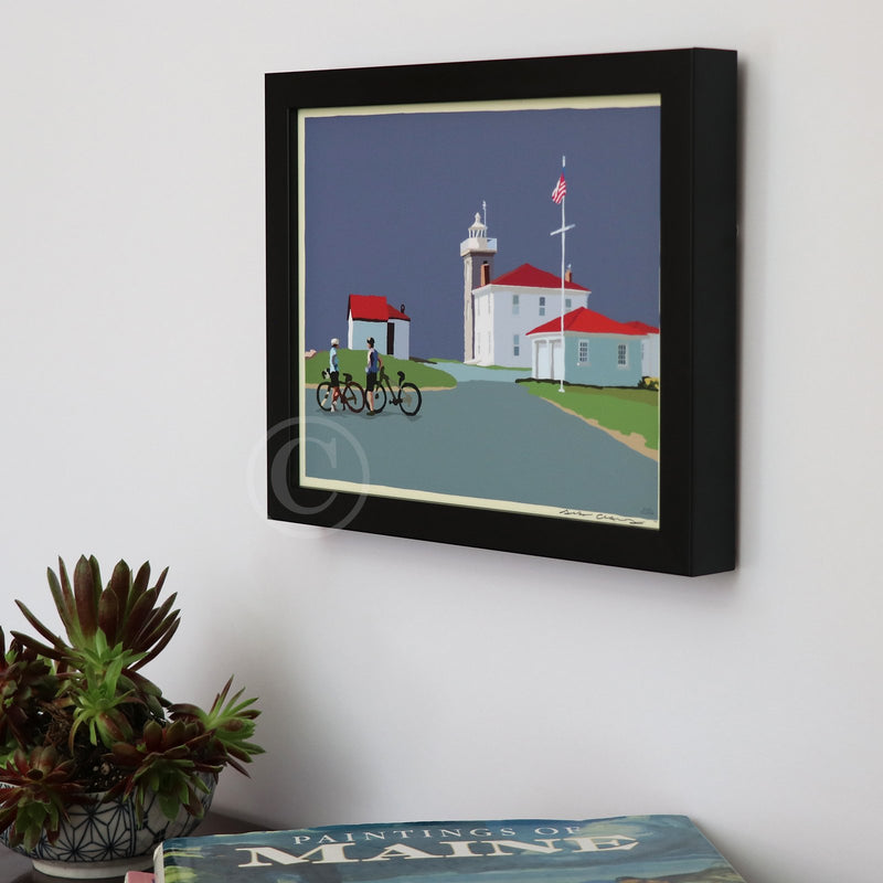 Cyclists at Watch Hill Lighthouse Art Print 8" x 10" Horizontal Framed Wall Poster By Alan Claude - Rhode Island