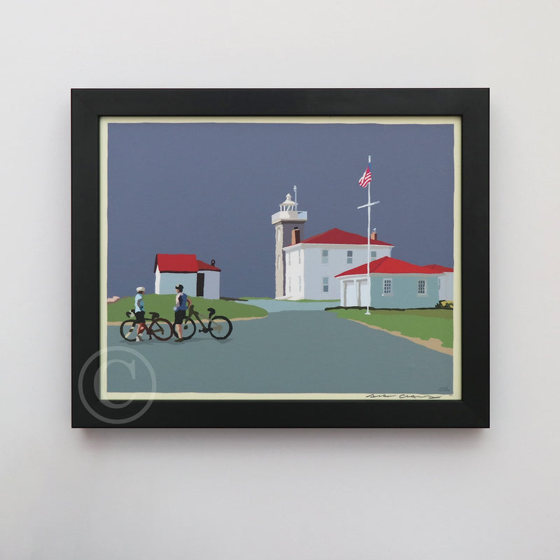 Cyclists at Watch Hill Lighthouse Art Print 8" x 10" Horizontal Framed Wall Poster By Alan Claude - Rhode Island