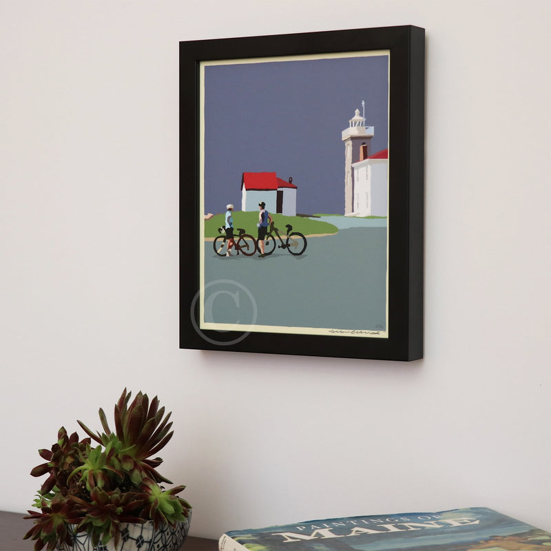 Cyclists at Watch Hill Lighthouse Art Print 8" x 10" Vertical Framed Wall Poster By Alan Claude - Rhode Island