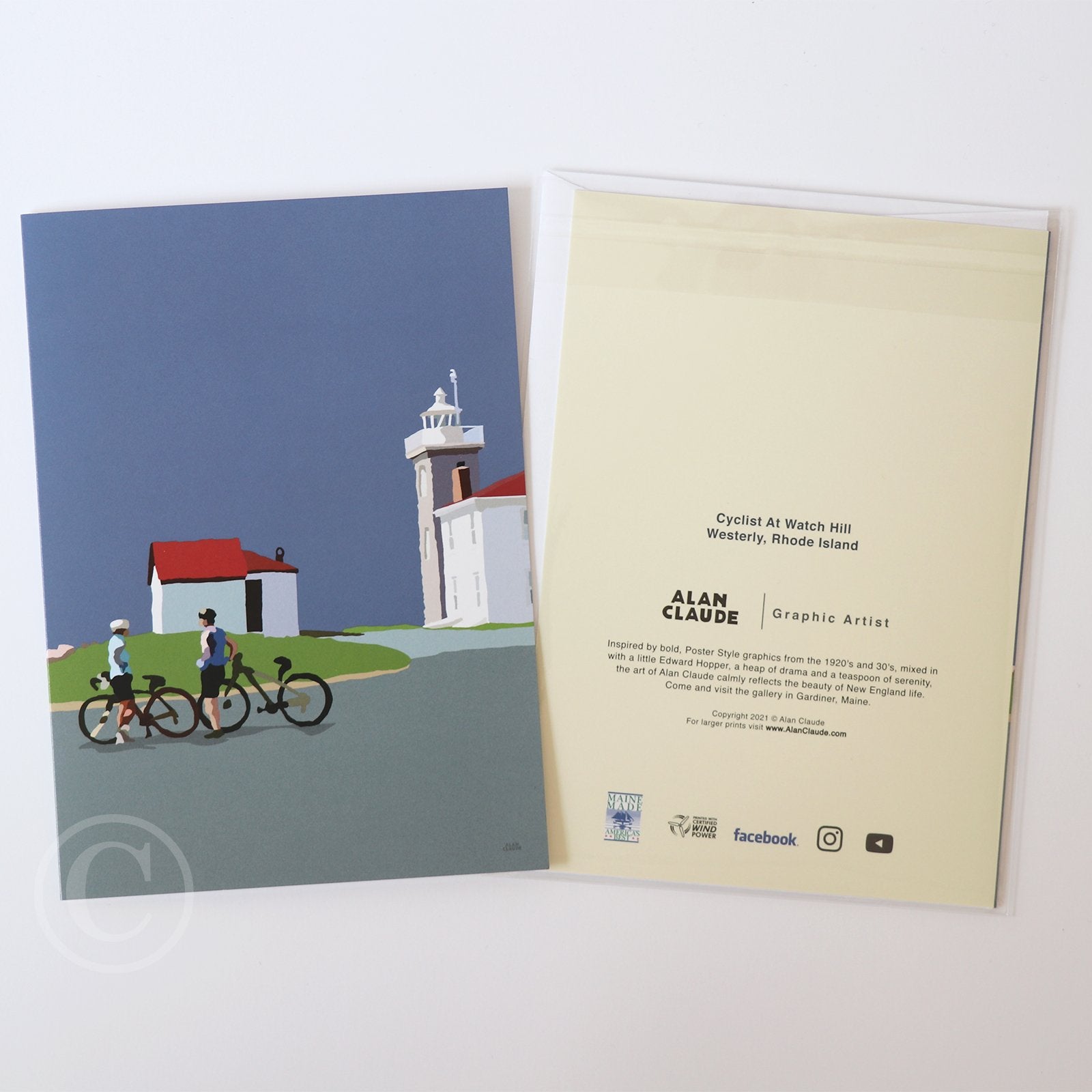 Cyclists at Watch Hill Lighthouse 5" x 7" Notecard - Rhode Island