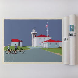 Cyclists at Watch Hill Lighthouse Art Print 18" x 24" Horizontal Wall Poster - Rhode Island