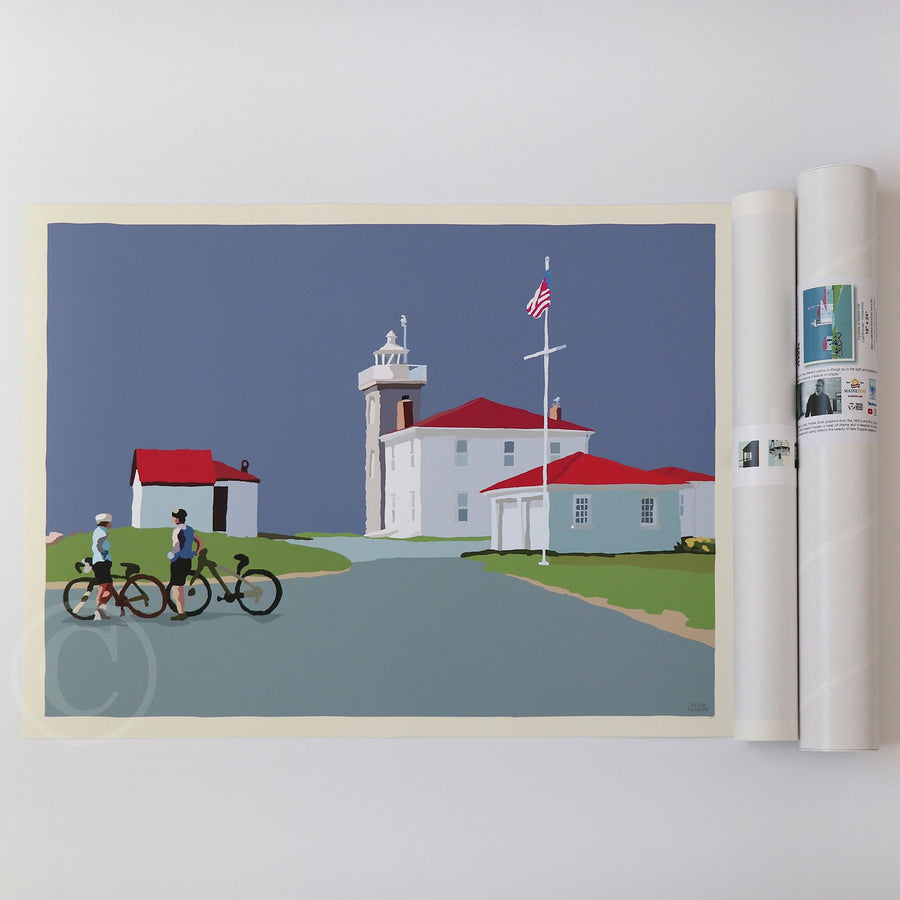 Cyclists at Watch Hill Lighthouse Art Print 18" x 24" Horizontal Wall Poster - Rhode Island