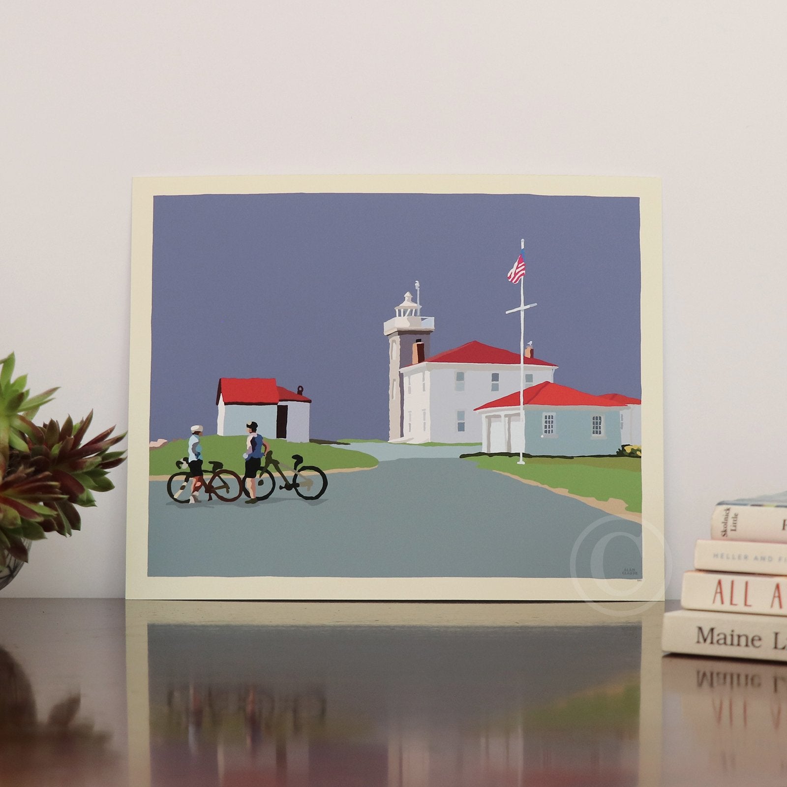 Cyclists at Watch Hill Lighthouse Art Print 8" x 10" Horizontal Wall Poster By Alan Claude - Rhode Island