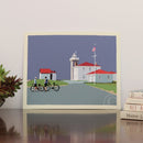 Cyclists at Watch Hill Lighthouse Art Print 8" x 10" Horizontal Wall Poster By Alan Claude - Rhode Island