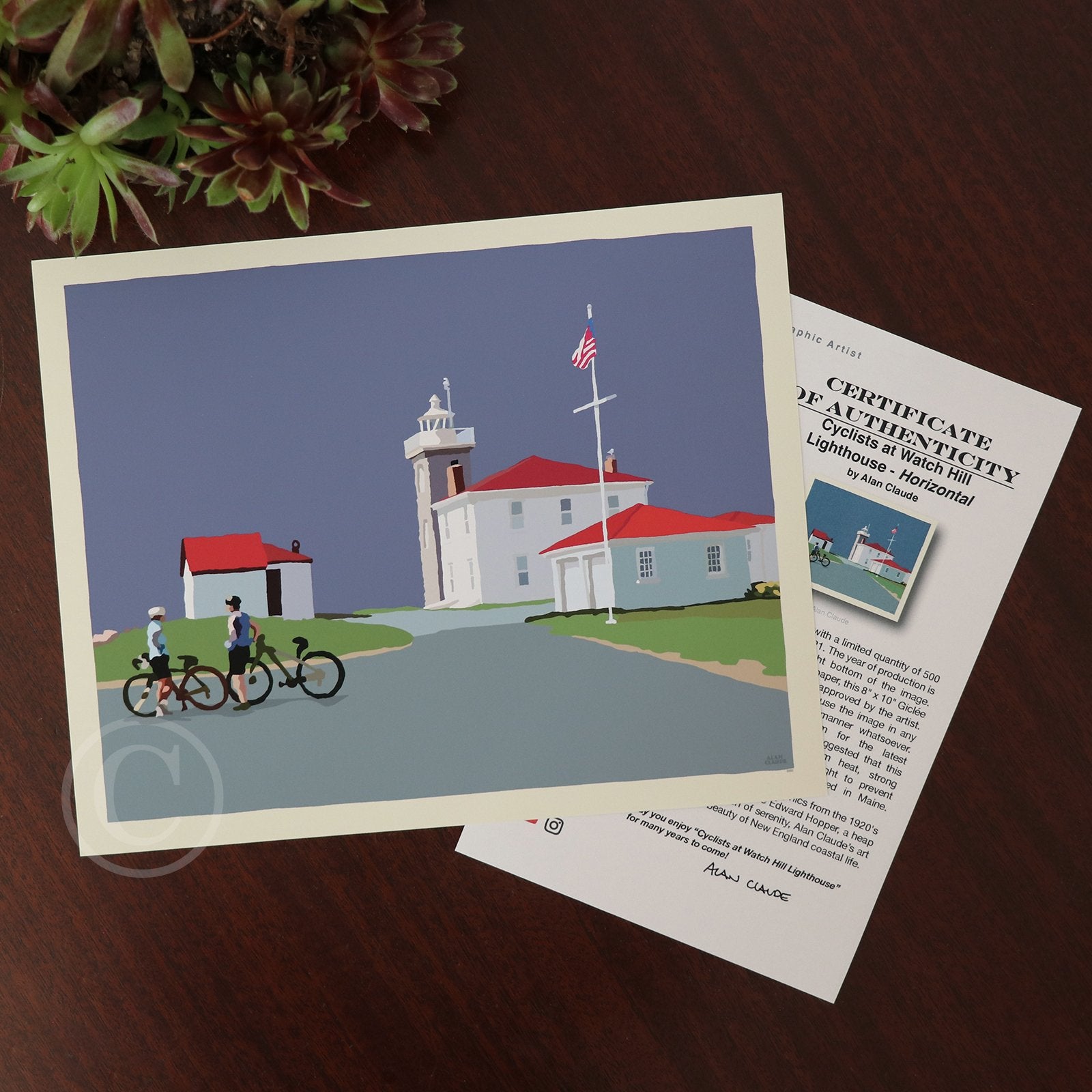 Cyclists at Watch Hill Lighthouse Art Print 8" x 10" Horizontal Wall Poster By Alan Claude - Rhode Island
