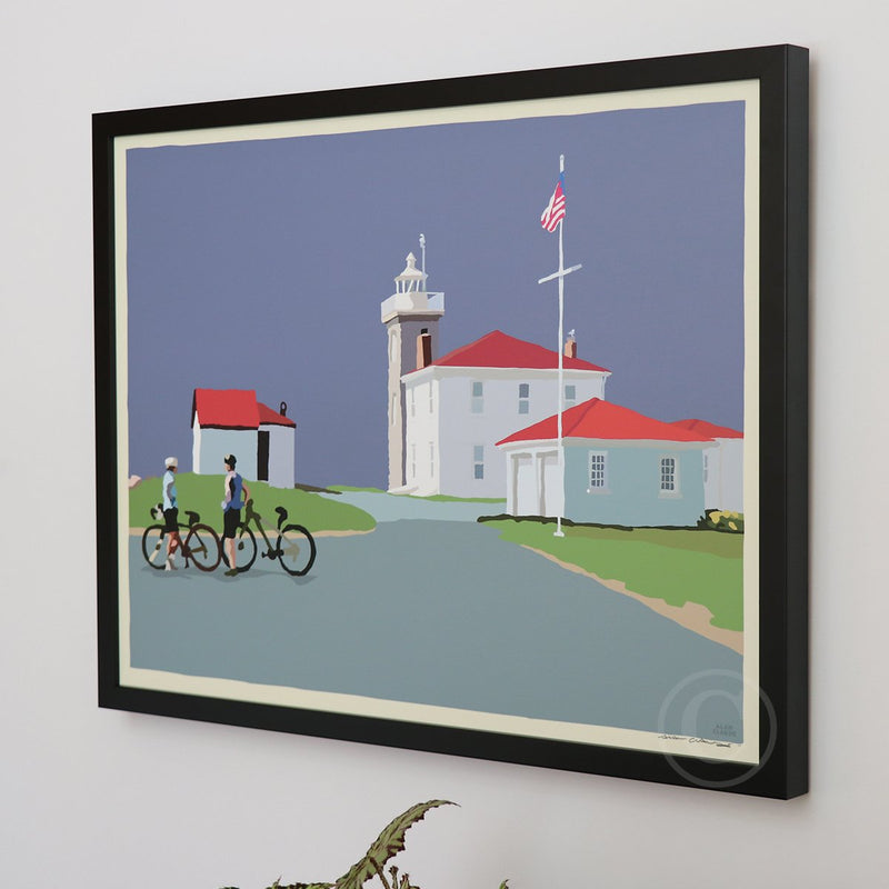 Cyclists at Watch Hill Lighthouse Art Print 18" x 24" Horizontal Framed Wall Poster By Alan Claude - Rhode Island