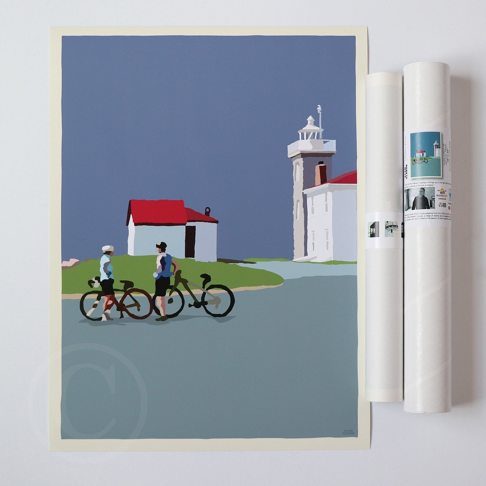 Cyclists at Watch Hill Lighthouse Art Print 18" x 24" Vertical Wall Poster By Alan Claude - Rhode Island