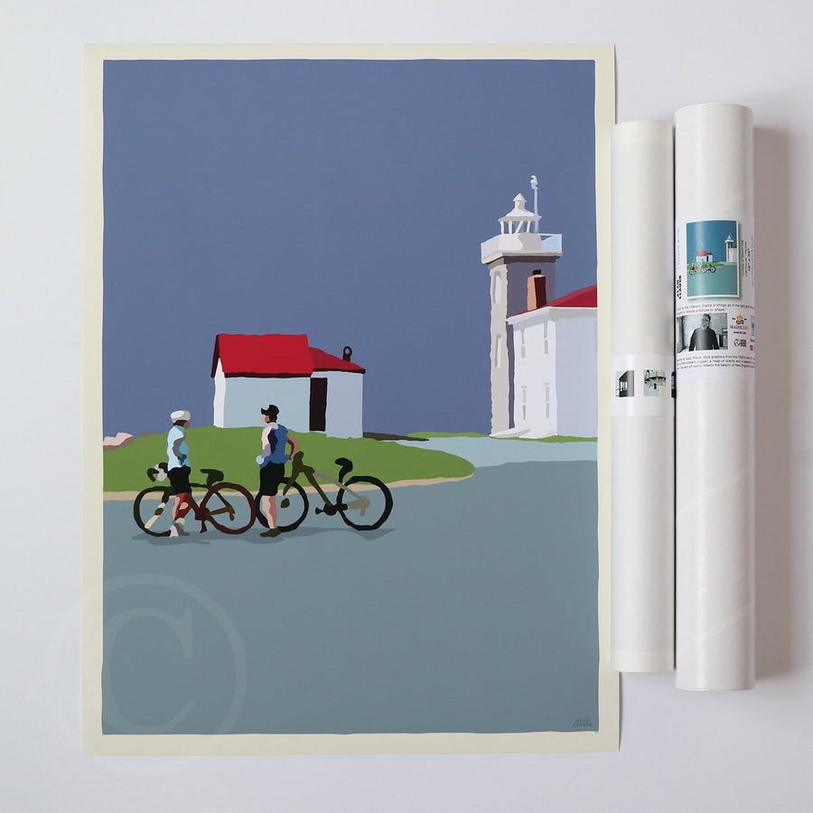 Cyclists at Watch Hill Lighthouse Art Print 18" x 24" Vertical Wall Poster By Alan Claude - Rhode Island