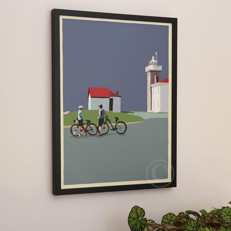 Cyclists at Watch Hill Lighthouse Art Print 18" x 24" Vertical Framed Wall Poster By Alan Claude - Rhode Island