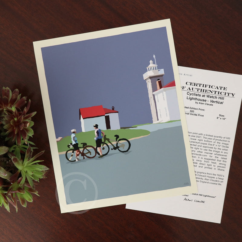 Cyclists at Watch Hill Lighthouse Art Print 8" x 10" Vertical Wall Poster By Alan Claude - Rhode Island