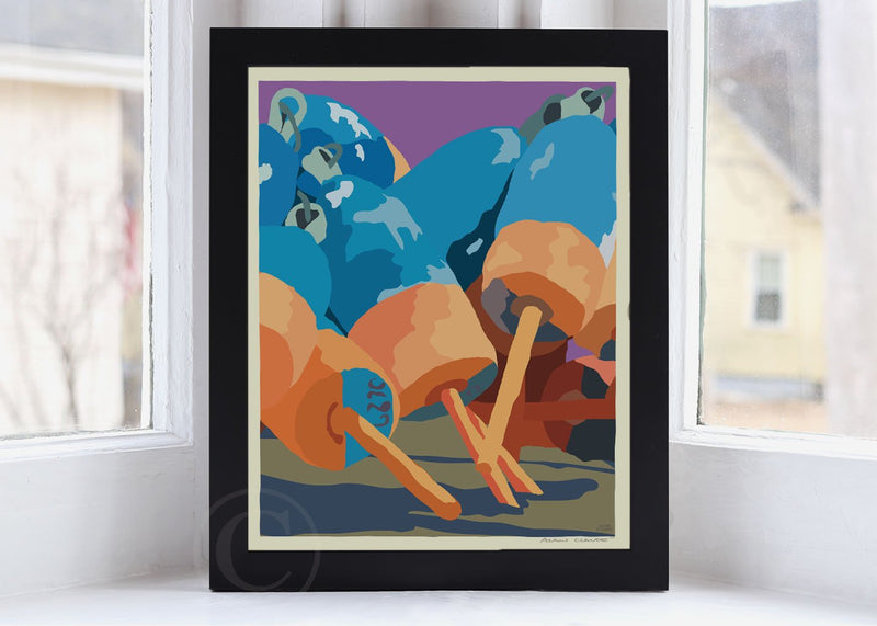 Blue & Orange Lobster Buoys Art Print 8" x 10" Framed Wall Poster By Alan Claude