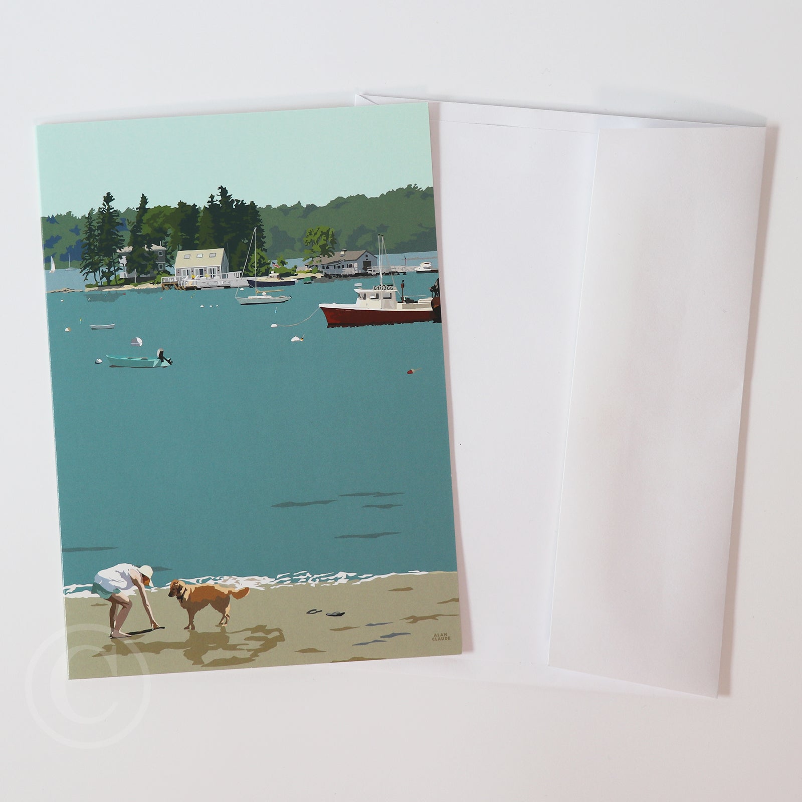 Golden Retriever At The Beach "Go Fetch"  Notecard 5" x 7"  - Maine